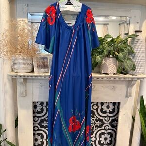 Blue Floral Maxi Dress with Red Blooms